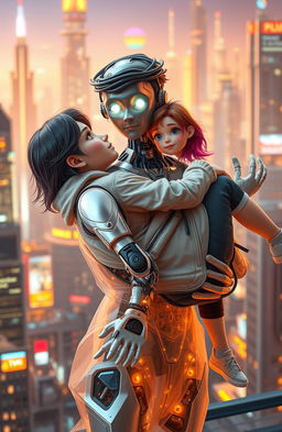 A futuristic scene where a boy with robotic features is carrying a girl in his arms, showcasing their fantastic and unique relationship