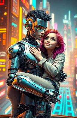 A futuristic scene where a boy with robotic features is carrying a girl in his arms, showcasing their fantastic and unique relationship