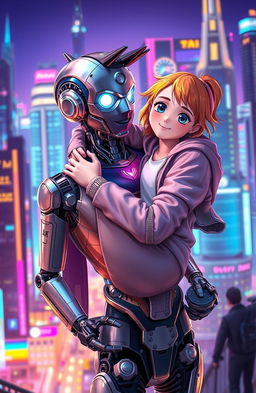 A futuristic scene where a boy with robotic features is carrying a girl in his arms, showcasing their fantastic and unique relationship