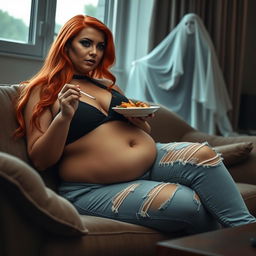 A beautifully sexy, chubby hourglass-shaped woman with long flame red hair and striking dark face makeup, sitting comfortably on a stylish couch while enjoying her meal