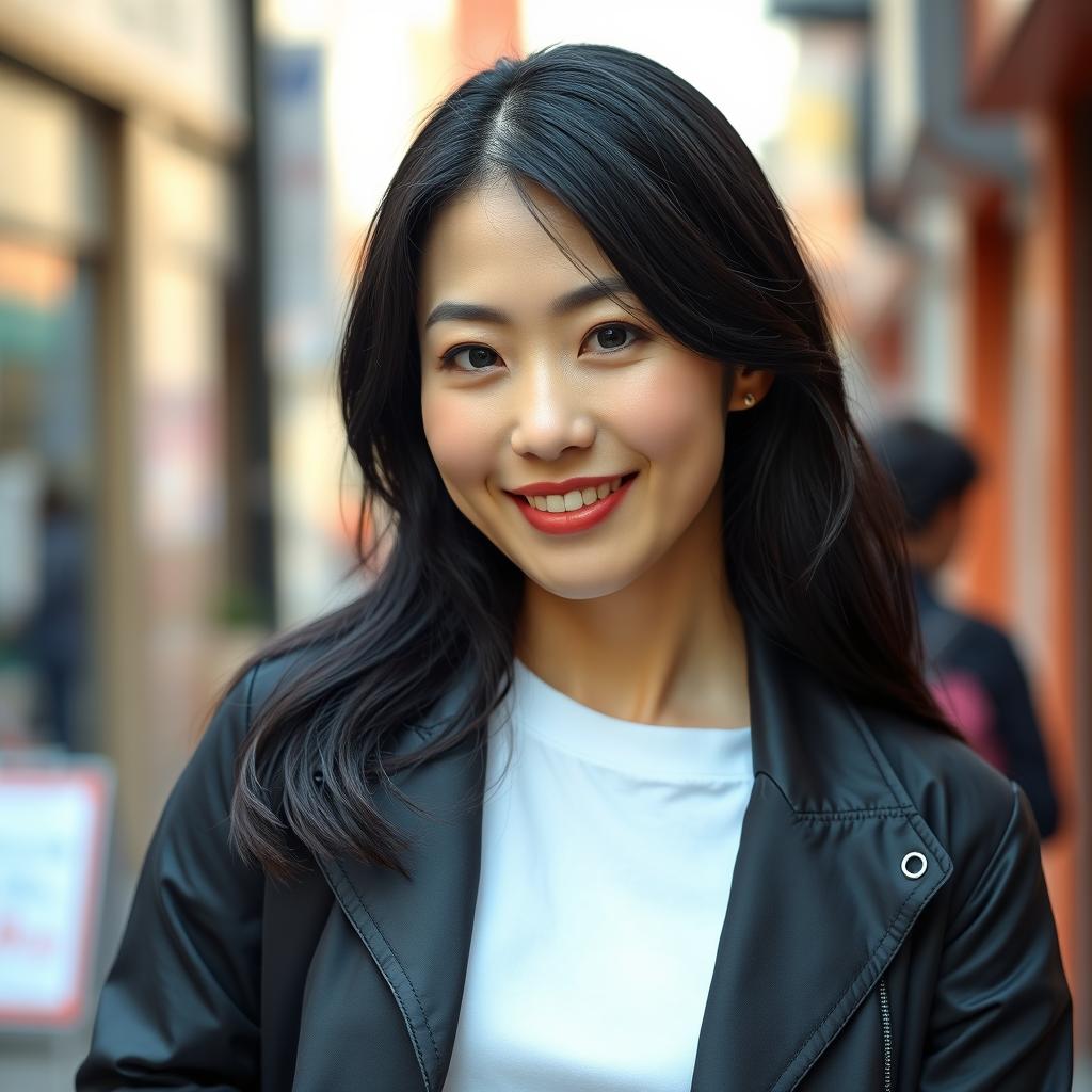 A 45-year-old woman with a flirtatious look, pale skin, and black hair, featuring an ordinary face without makeup, embodying Japanese appearance