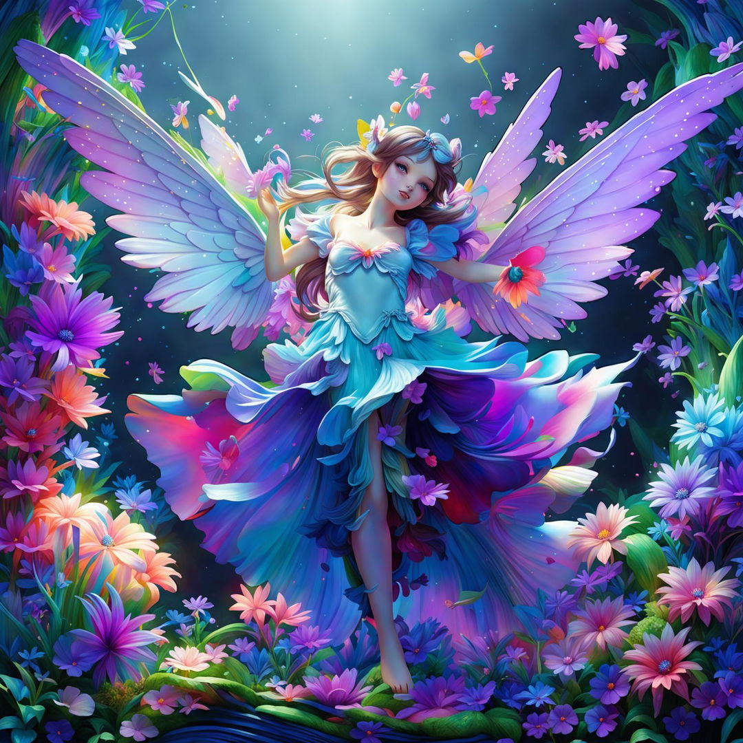 This is a high-quality digital art depiction of a fairy surrounded by vibrant flowers, set against a lush green forest