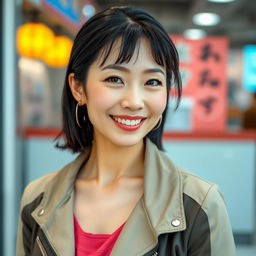 A 45-year-old woman with a flirtatious look, pale skin, and black hair, featuring an ordinary face without makeup, embodying Japanese appearance