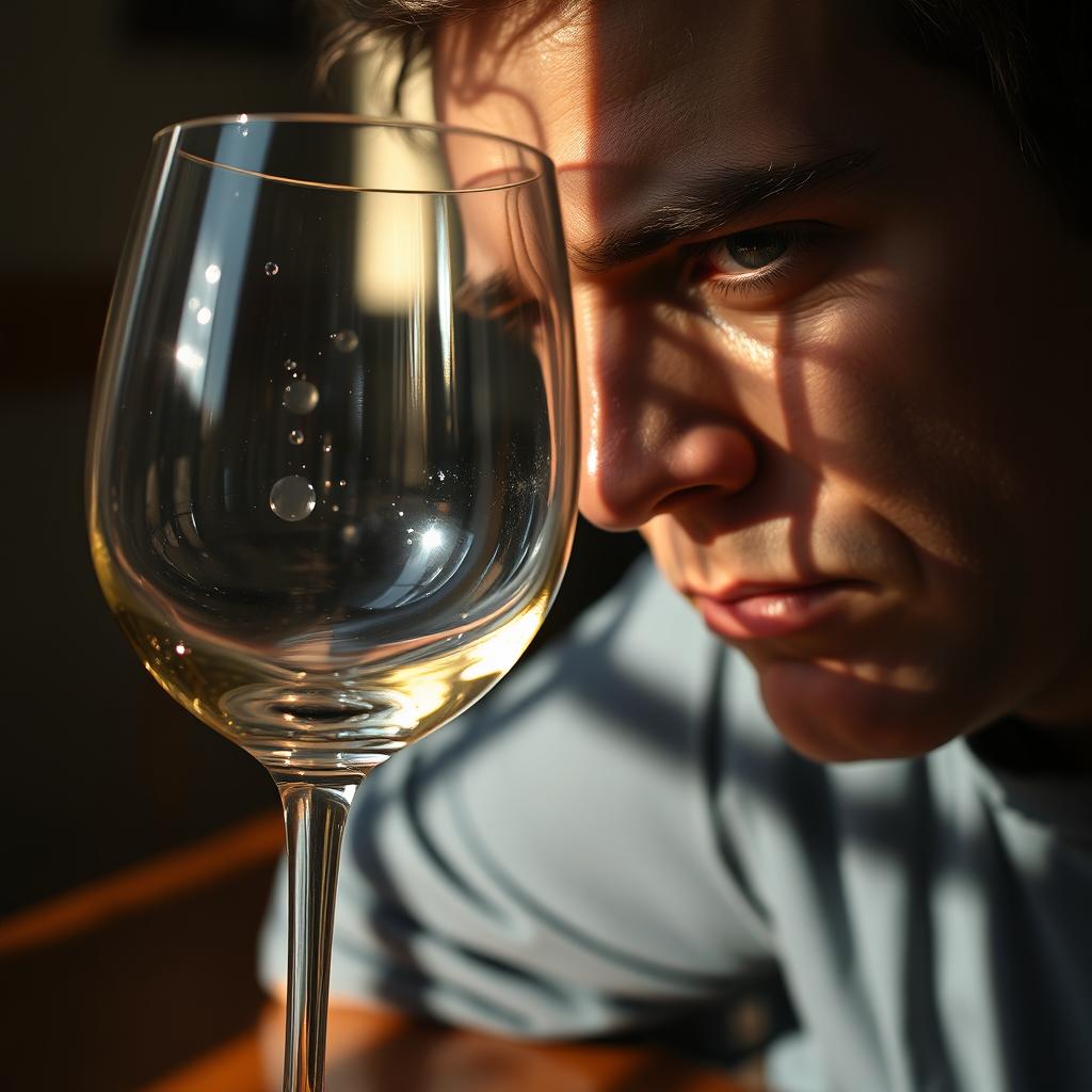 A person with a contemplative expression, frowning slightly as they gaze through a wine glass, with sunlight streaming through the glass creating beautiful reflections and sparkles