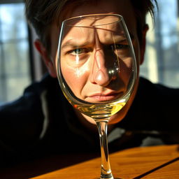 A person with a contemplative expression, frowning slightly as they gaze through a wine glass, with sunlight streaming through the glass creating beautiful reflections and sparkles