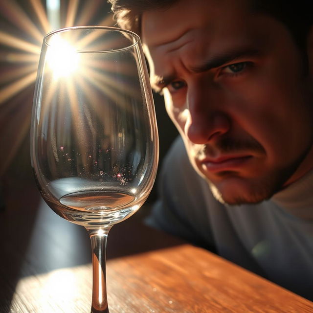 A person with a contemplative expression, frowning slightly as they gaze through a wine glass, with sunlight streaming through the glass creating beautiful reflections and sparkles