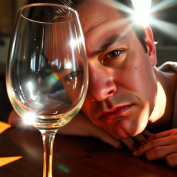 A person with a contemplative expression, frowning slightly as they gaze through a wine glass, with sunlight streaming through the glass creating beautiful reflections and sparkles