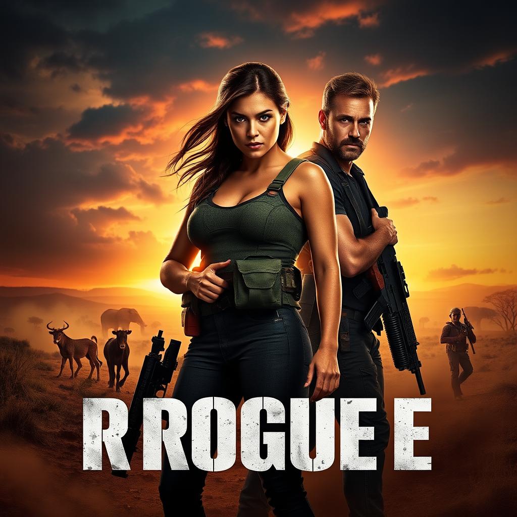 An enticing movie poster concept for the film 'Rogue' (2020), featuring Megan Fox and Philip Winchester