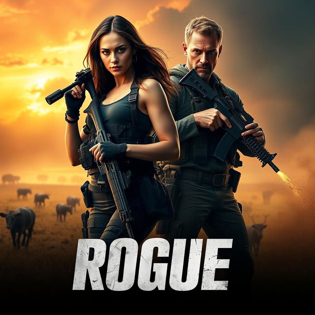 An enticing movie poster concept for the film 'Rogue' (2020), featuring Megan Fox and Philip Winchester