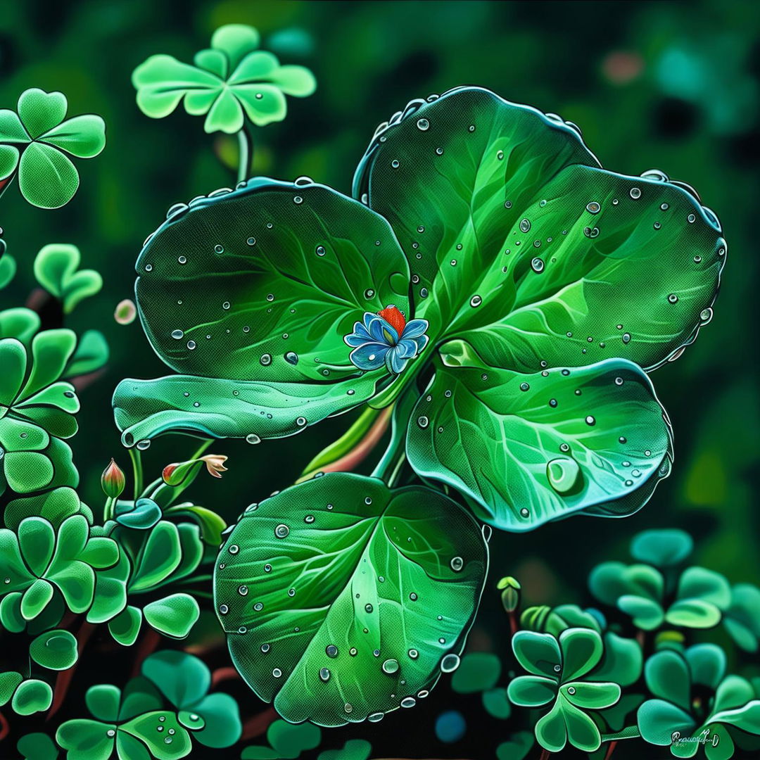 This high-quality digital painting features a large, verdant shamrock with a small blue flower at its base, and a stylized mermaid interacting with the flora