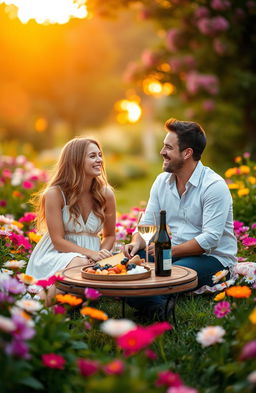 A serene and romantic setting for a future meeting, featuring two people, a man and a woman, sitting in a lush garden surrounded by colorful blooming flowers