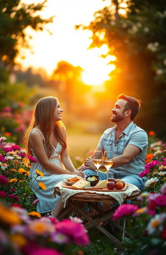 A serene and romantic setting for a future meeting, featuring two people, a man and a woman, sitting in a lush garden surrounded by colorful blooming flowers