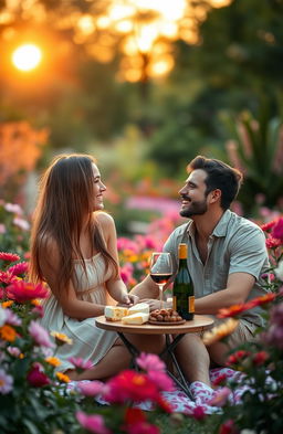 A serene and romantic setting for a future meeting, featuring two people, a man and a woman, sitting in a lush garden surrounded by colorful blooming flowers