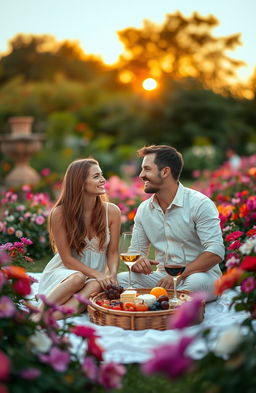 A serene and romantic setting for a future meeting, featuring two people, a man and a woman, sitting in a lush garden surrounded by colorful blooming flowers