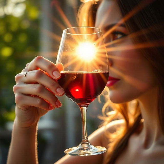 A woman gracefully raising a wine glass towards the sunlight, her eyes gazing through the glass as it captures and refracts the warm golden light