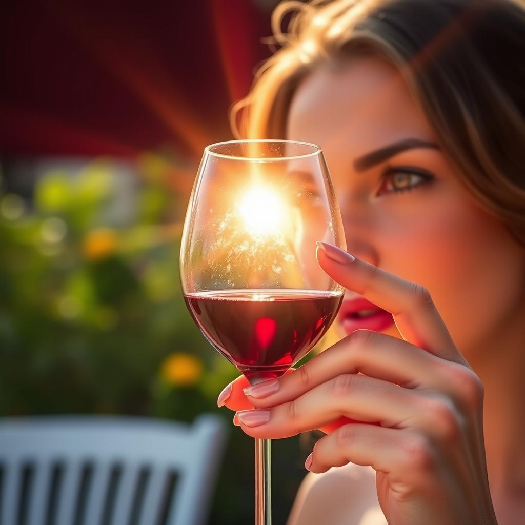 A woman gracefully raising a wine glass towards the sunlight, her eyes gazing through the glass as it captures and refracts the warm golden light