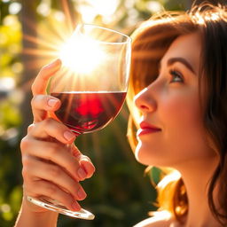 A woman gracefully raising a wine glass towards the sunlight, her eyes gazing through the glass as it captures and refracts the warm golden light
