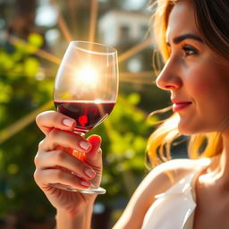 A woman gracefully raising a wine glass towards the sunlight, her eyes gazing through the glass as it captures and refracts the warm golden light