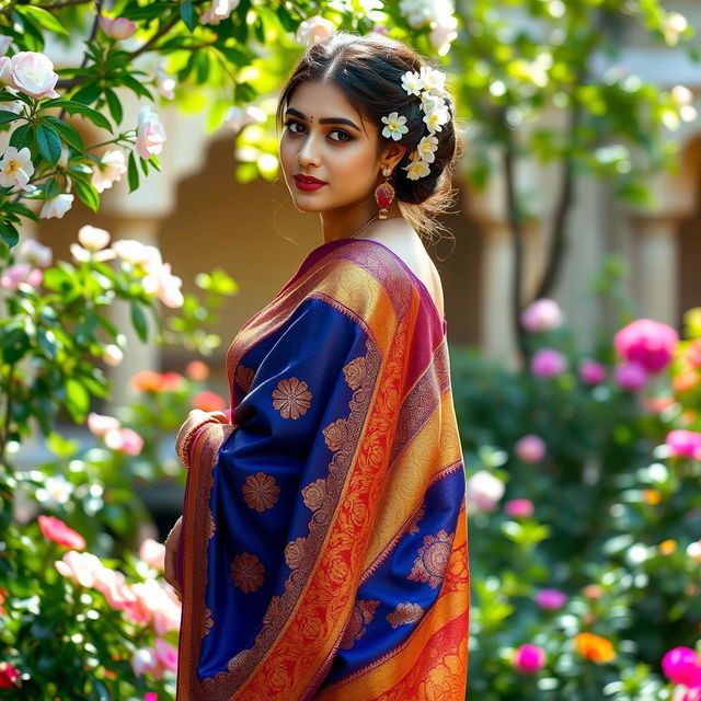 A beautiful woman gracefully wearing a colorful saree, adorned with intricate traditional patterns