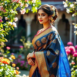 A beautiful woman gracefully wearing a colorful saree, adorned with intricate traditional patterns