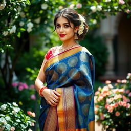 A beautiful woman gracefully wearing a colorful saree, adorned with intricate traditional patterns