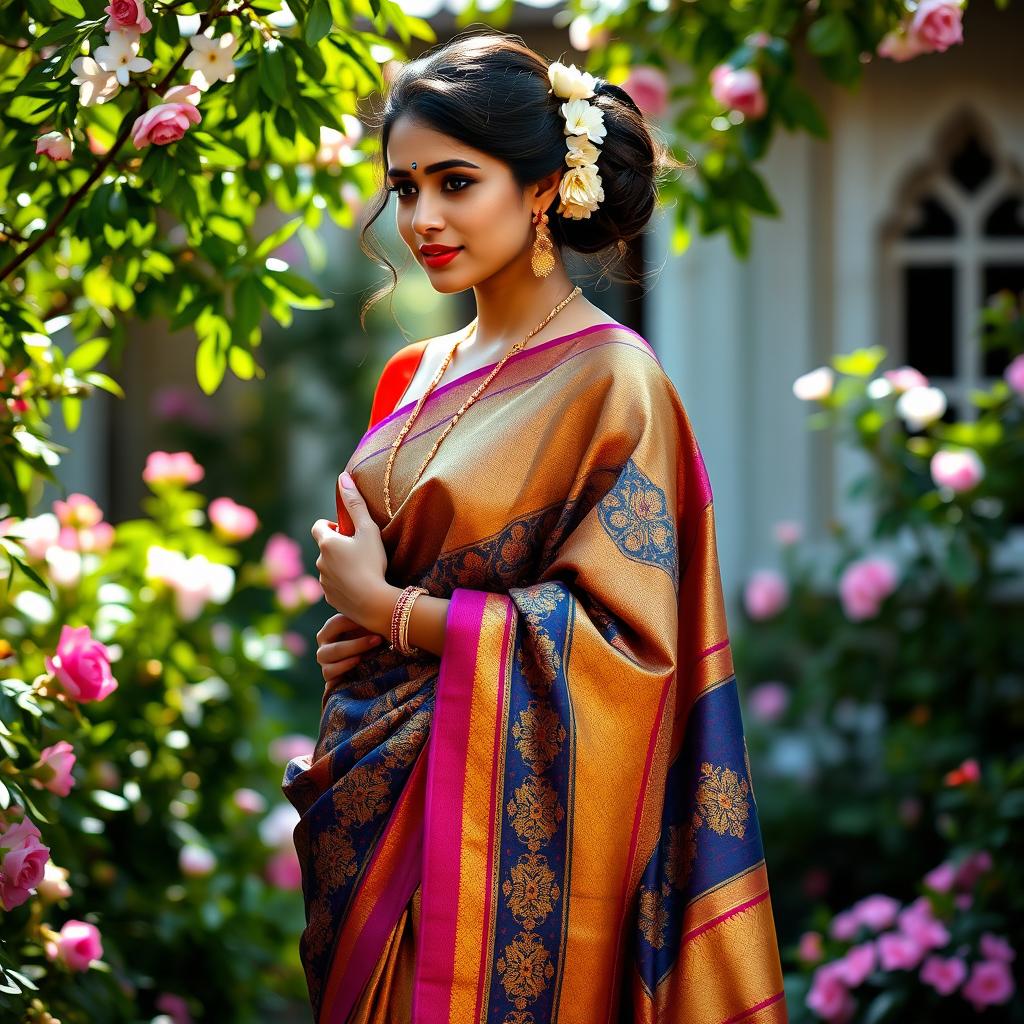 A beautiful woman gracefully wearing a colorful saree, adorned with intricate traditional patterns