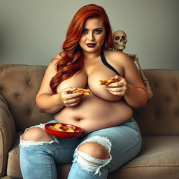 A beautifully sexy and curvy hourglass-shaped woman with long flame red hair styled elegantly, wearing tight distressed light blue jeans that accentuate her chubby figure