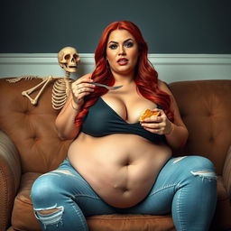 A beautifully sexy and curvy hourglass-shaped woman with long flame red hair styled elegantly, wearing tight distressed light blue jeans that accentuate her chubby figure