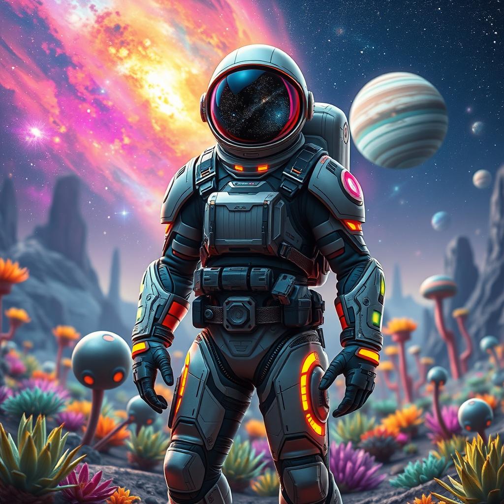 A futuristic astronaut game character, clad in a sleek, high-tech space suit with glowing accents and intricate details