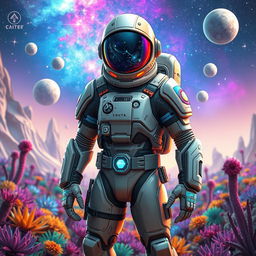 A futuristic astronaut game character, clad in a sleek, high-tech space suit with glowing accents and intricate details