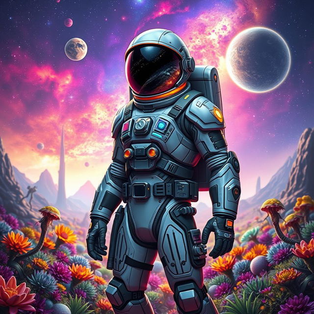 A futuristic astronaut game character, clad in a sleek, high-tech space suit with glowing accents and intricate details