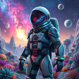 A futuristic astronaut game character, clad in a sleek, high-tech space suit with glowing accents and intricate details