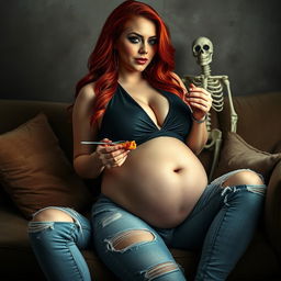 A beautifully sexy hourglass-shaped woman with long flame red hair cascading down her shoulders, adorned with dark face makeup that highlights her features
