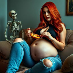 A beautifully sexy hourglass-shaped woman with long flame red hair cascading down her shoulders, adorned with dark face makeup that highlights her features