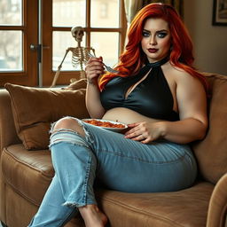 A beautiful, sexy, curvy, and chubby woman with long flame red hair flowing gracefully, adorned with striking dark face makeup that highlights her features