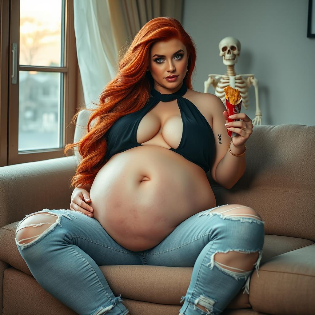 A beautiful, sexy, curvy, and chubby woman with long flame red hair flowing gracefully, adorned with striking dark face makeup that highlights her features