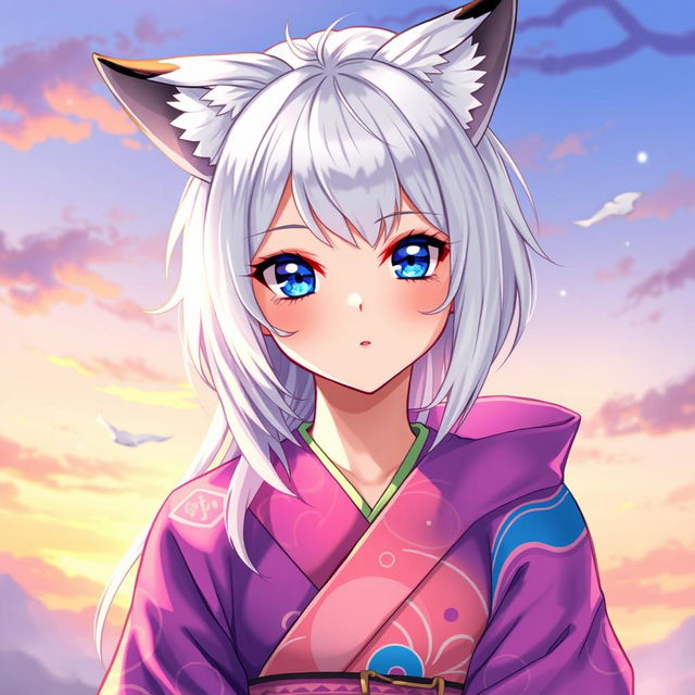 A young woman with beautiful silver hair, complemented by fox-like silver ears that have striking black tips