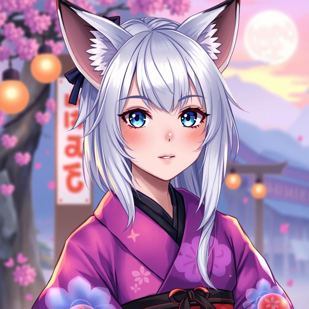 A young woman with beautiful silver hair, complemented by fox-like silver ears that have striking black tips