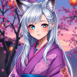 A young woman with beautiful silver hair, complemented by fox-like silver ears that have striking black tips