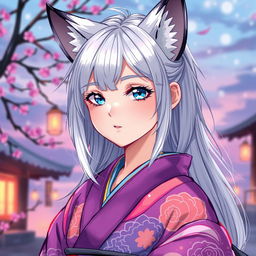 A young woman with beautiful silver hair, complemented by fox-like silver ears that have striking black tips