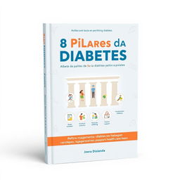 A visually appealing book cover for a health guide titled '8 Pilares da Diabetes'