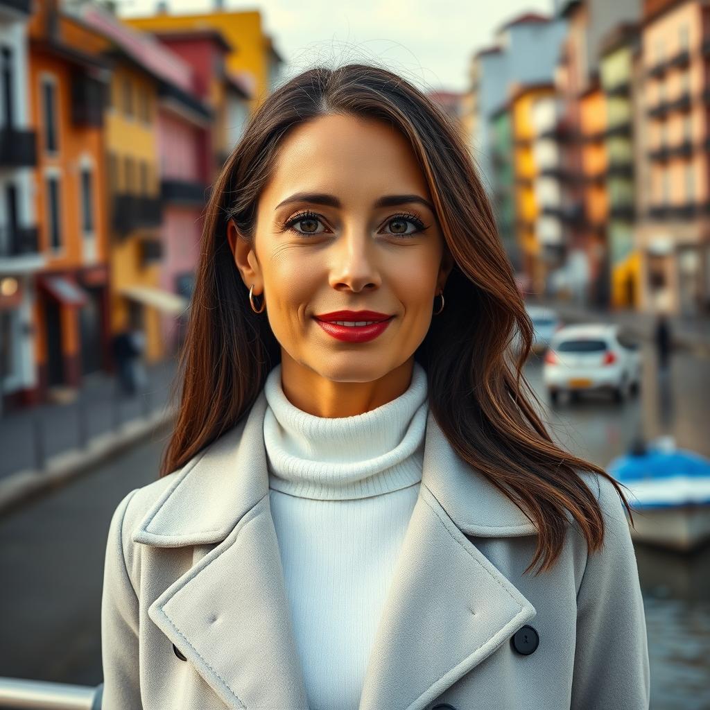 A full-length portrait of an attractive woman in her 40s, with long dark hair and a warm tan