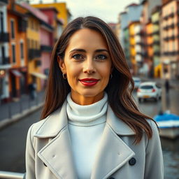 A full-length portrait of an attractive woman in her 40s, with long dark hair and a warm tan