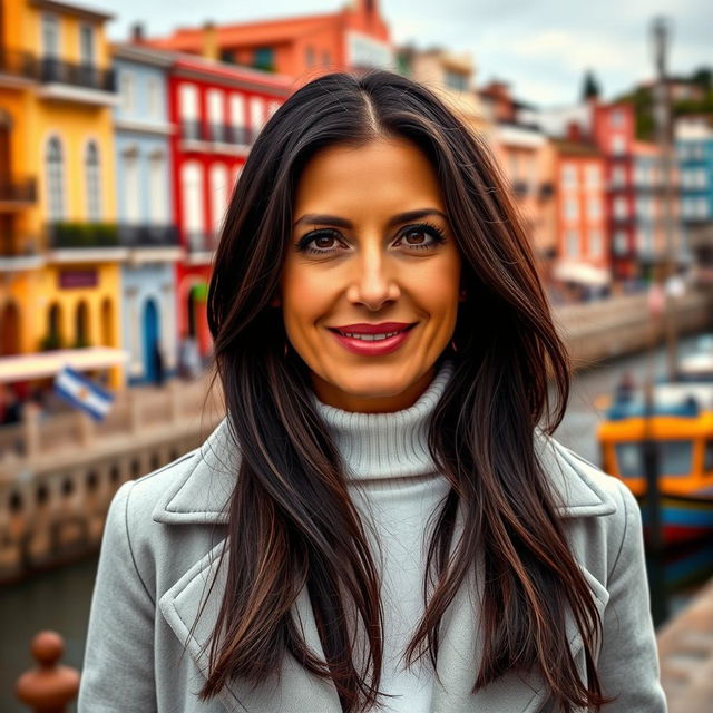 A full-length portrait of an attractive woman in her 40s, with long dark hair and a warm tan