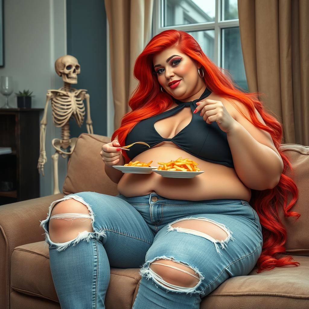 A beautiful, sexy, curvy, and chubby woman with long flame red hair flowing vibrantly, decorated with bright colored face makeup that brings out her features