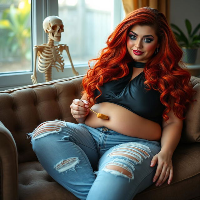 A beautiful, sexy, curvy, and chubby woman with long flame red hair flowing vibrantly, decorated with bright colored face makeup that brings out her features