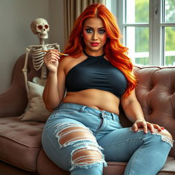 A beautiful, sexy, curvy woman with long flame red hair that flows elegantly, featuring bright colored face makeup that enhances her radiant features
