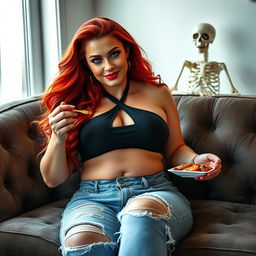 A beautiful, sexy, curvy woman with long flame red hair that flows elegantly, featuring bright colored face makeup that enhances her radiant features