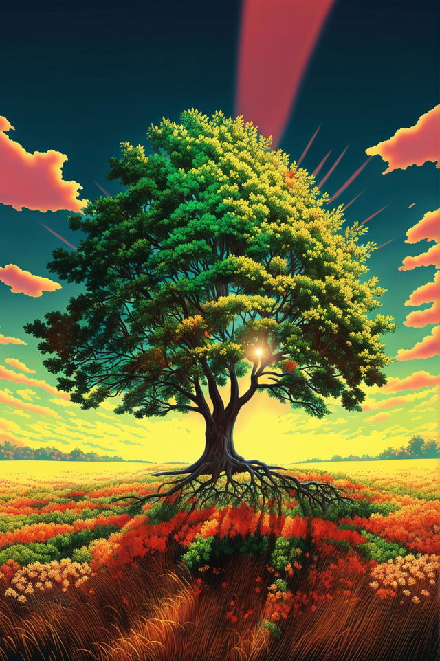 This high-quality digital art piece features a large tree in a serene landscape, bathed in the warm light of the sun