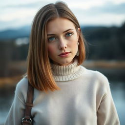 Aino, a 23-year-old girl with natural Scandinavian beauty, showcases her features against a serene background